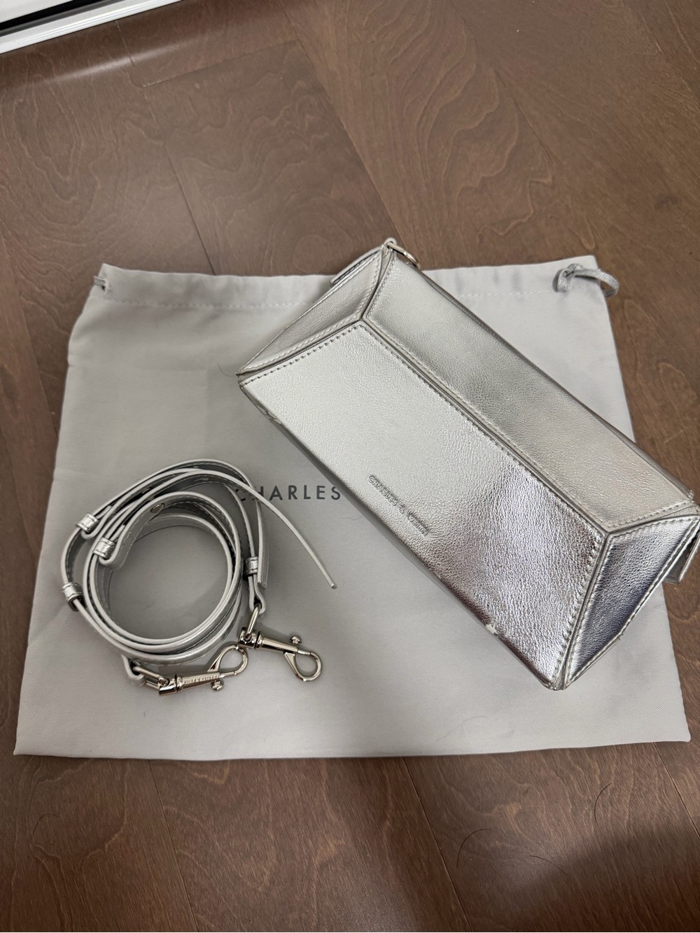 Charles & Keith Metallic Silver Box Clutch with Detachable Strap